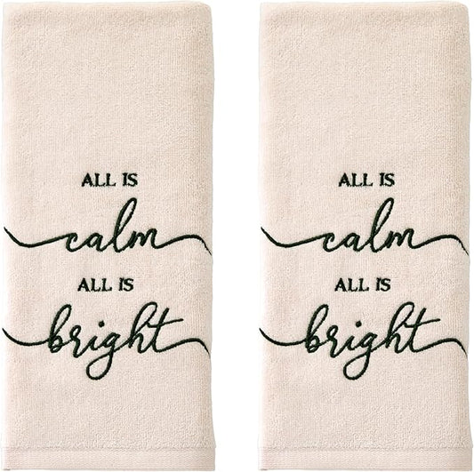 SKL Home Christmas/Winter All is Calm 100% Cotton Embroidered 2pc Hand Towel Set, Decorative for Bath/Kitchen/Bar, Natural