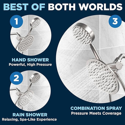 HammerHead Showers® Solid Metal Dual Shower Head Combo – BRUSHED NICKEL – 8 Inch Rainfall High Flow Shower Head & Handheld Shower Head High Pressure with Hose 6ft - Hotel-Like Double Shower Heads