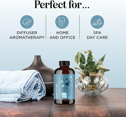 Breathe Essential Oil for Diffuser - Invigorating and Refreshing Breathe Essential Oil Blend with Eucalyptus Peppermint Tea Tree and Mint for Diffusers for Home and Shower Aromatherapy (4 Fl Oz)