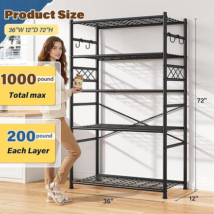 Storage Shelves 5-Tier Large Capacity Metal Shelving with Hooks, Heavy Duty Garage Shelving Unit with Leveling Feet, Stable Metal Shelves for Pantry, Kitchen and Closet, 72" H x 36" W x 12" D, Black