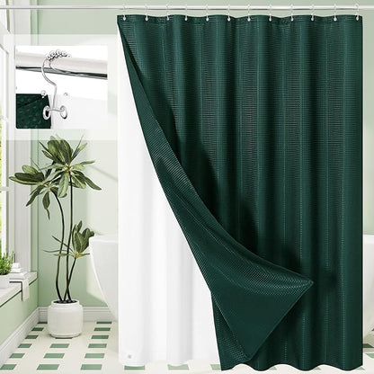3 in 1 Extra Long Dark Green Shower Curtain Set-72 W x 84 H, Modern Waffle and PEVA Liner Set with 12 Stainless Steel Hooks, Waterproof Fabric for Bathroom