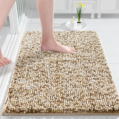 Yimobra Bath Mats for Bathroom Non Slip, 36x24, Extra Soft Chenille Bathroom Rugs, Luxury Fluffy Long Matts for Tub, Plush Shaggy Carpet, Water Absorb, Machine Washable, Beige & Light Coffee