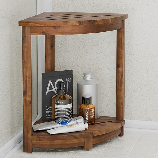 HOLANA 18" Acacia Wood Corner Shower Bench, Corner Shower Stool, Bath Stool with Lower Shelf - Wooden Shower Stool for Inside Shower - Shower Foot Rest, Shower Stands for Inside Shower (Walnut Color)