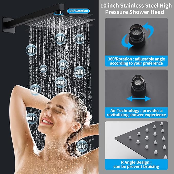 10 inch Matte Black Shower System with Tub Spout, Shower Faucet Set with Rain Shower Head and Handheld 3-Setting, Waterfall Bathtub Spout Rainfall Shower Combo Set for Bathroom Wall Mounted