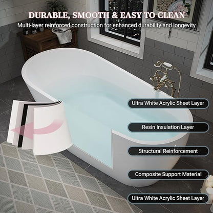 ABRUZZO 55" Acrylic Freestanding Bathtub - Deep Soaking Tub with Pop-Up Drain & Overflow, Glossy White Standalone Bathtub for Modern Bathroom, Fiberglass Reinforced Construction