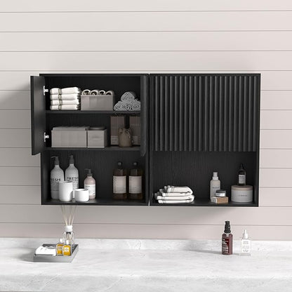 Fluted Bathroom Wall Cabinet Over The Toilet Storage,Wall Mounted Cabinet with Adjustable Shelf,Floating Cabinet Organizer Hanging Cabinet,Kitchen and Laundry Room Cabinets (Black-2 PCS)