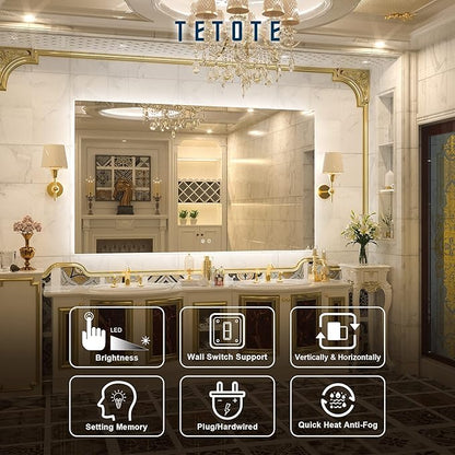 TETOTE 60 x 36 Inch LED Backlit Bathroom Vanity Mirror with Light,Anti-Fog,Dimmable,CRI90+,Touch Button,Water Proof,Large,Lighted Mirror,Horizontal/Vertical Wall Mounted