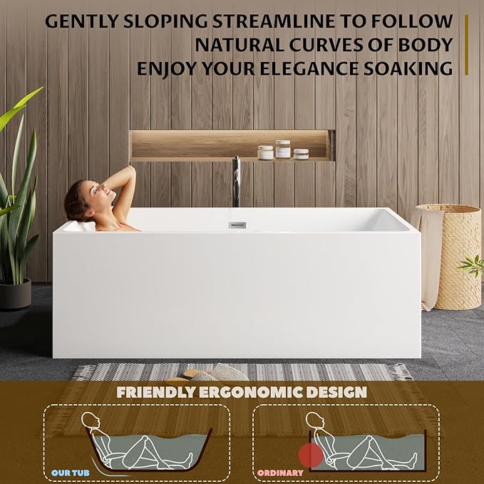 59" Acrylic Freestanding Bathtub - Modern Rectangular Soaking Tub, Glossy White Finish, Chrome Linear Overflow & Drain Kit, CUPC Certified