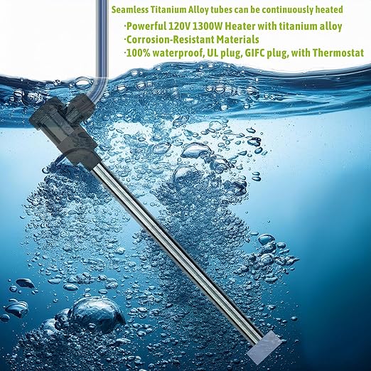 1300W Titanium Fully Submersible, Portable Pool & Hot Tub Electric immersion Water Heater with GFCI & Temp Control for Bathtubs, baptism pool, spa tub, above ground pool & inflatable pool