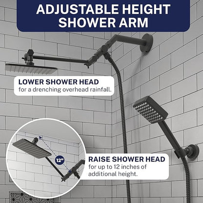 HammerHead® Solid Metal Dual Shower Head Combo — 8" Square Rain Shower Head with Handheld, 12" Adjustable Arm & Wall-Mount Holder for Flexible Installation — Matte Black