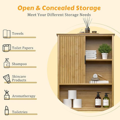 BlueWish Over The Toilet Storage Cabinet, Bamboo Over Toilet Storages with Fluted Door, Over The Toilet Cabinet Bathroom Organizer, Bathroom Shelf Over The Toilet, Storage Rack, Natural