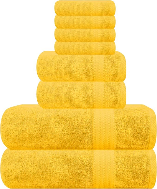 GLAMBURG Ultra Soft 8-Piece Towel Set - 100% Pure Ringspun Cotton, Contains 2 Oversized Bath Towels 27x54, 2 Hand Towels 16x28, 4 Wash Cloths 13x13, Ideal for Everyday use, Hotel & Spa- Mustard Yellow