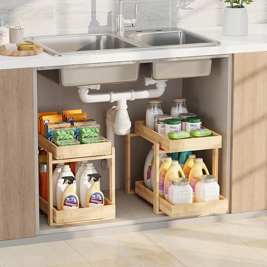 2 Pack Under Sink Organizer, Bamboo Wooden 2-Tier Pull-Out Storage with Sliding Drawers for Kitchen and Bathroom Cabinets, Easy Installation (Natural, 2 Packs)