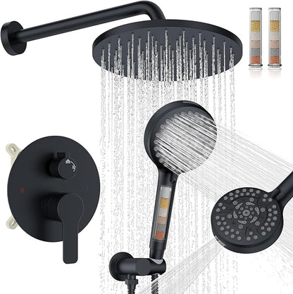 Iriber Mattle Black Round Rain Shower System Faucet Set，Filtered Shower Head with Handheld, Modern Bathroom 9 Spray Mode Showerhead with Filters,Shower Valve Trim Kit Contain Cartridge,10 Inch