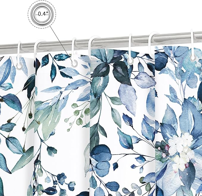 Gibelle Blue Eucalyptus Shower Curtain, Watercolor Plant Leaves with Floral Bathroom Shower Curtain Set, 72x72