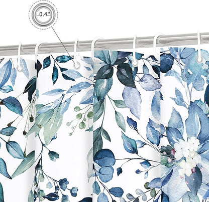 Gibelle Long Shower Curtain 72 x 78, Blue Floral Shower Curtain for Bathroom, Watercolor Plant Eucalyptus Leaves Fabric Shower Curtain Set