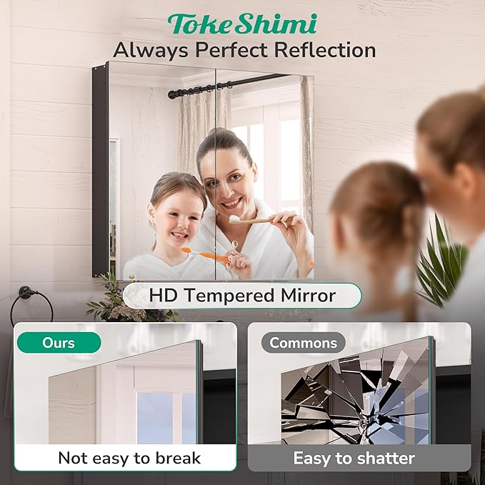 TokeShimi 60x32 Bathroom Medicine Cabinet with Mirror Tempered, Aluminum Black Mirrored Medicine Cabinet Recessed or Surface Mount with Adjustable Storage Metal for Modern Farmhouse