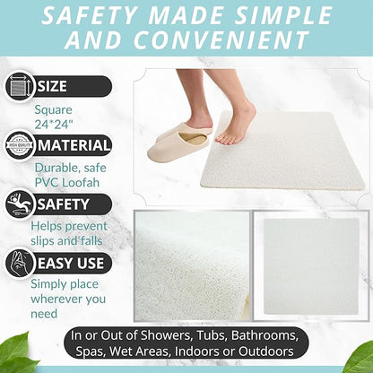 Enkosi Loofah Shower Mat Non-Slip - Anti-Slip Bath Mat for Inside Showers, Tub, Bathtub, Bathroom - Quick Dry PVC with Drain Holes - Cushioned Safety Grip - Secure for Kids and Elderly (White 24x24)