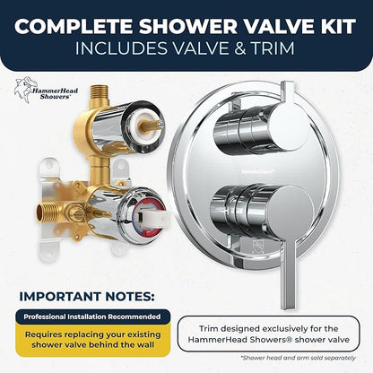 HammerHead Showers Solid Metal Shower Valve and Trim Kit, Two-Handle Volume and Temperature Control with Integrated Diverter, Pressure Balance Rough-In Valve Included, Chrome