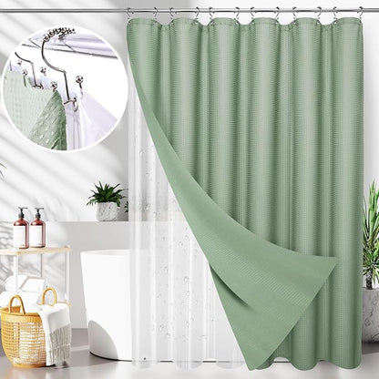 LaCyan 3 in 1 Waterproof Waffle Weave Shower Curtain and Clear Liner Set with 12 Stainless Steel Hooks Double Sided for Bathroom 72 Inches Heavy Duty Polyester Fabric Shower Curtains 72x84