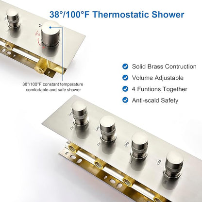 Brass Brushed-Nickel 4-Way Thermostatic Shower Diverter Valve - 4 Function Mixer with Individual On/Off Flow Control for Shower Arm & Kit