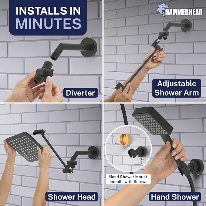 HammerHead® Solid Metal Dual Shower Head Combo — 8" Square Rain Shower Head with Handheld, 12" Adjustable Arm & Wall-Mount Holder for Flexible Installation — Matte Black