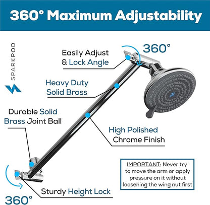 SparkPod 16" Solid Brass Shower Head Extension Arm - Flexible Height & Angle Adjustable Shower Arm Extension for Rain Showerheads with Sturdy Lock - Universal Pipe Connection (Luxury Polished Chrome)