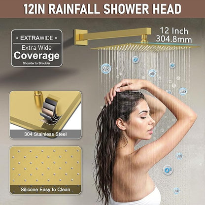 Shower Faucet Set Brushed Gold Shower System, Push Button Diverter 3-Way Shower Valve Kit, Wall Mount 12 Inch Overhead Shower Head with 6 Inch Side Spray Shower Head, 4 Modes Flow Handheld Shower