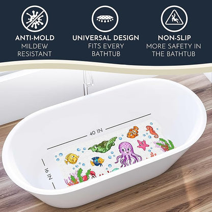 Bath Tub Mat Non Slip Anti Mold for Kids BPA Free INCL Hooks - homerella® Ocean Sea Animals 40x16, Baby Bath Mat Non Slip 200 Suction Cups, Non Toxic Machine Washable Toddler Bath Mat, EU Certified