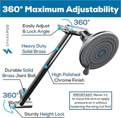 SparkPod 11" Solid Brass Shower Head Extension Arm - Flexible Height & Angle Adjustable Shower Arm Extension for Rain Showerheads with Sturdy Lock - Universal Pipe Connection (Luxury Polished Chrome)