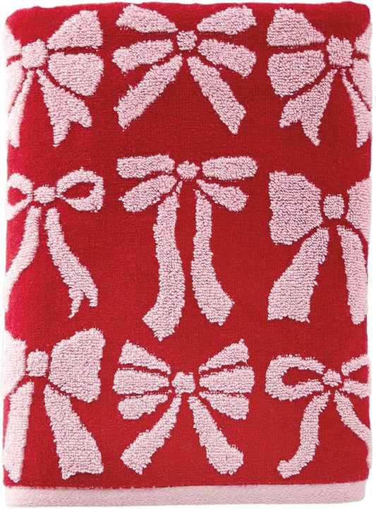 SKL Home Bow Jacquard 100% Cotton Premium Bath Towel, 500 GSM, Reversible, Soft & Absorbent, Decorative/Everyday Christmas/Winter/Valentine's Day, Red/Pink