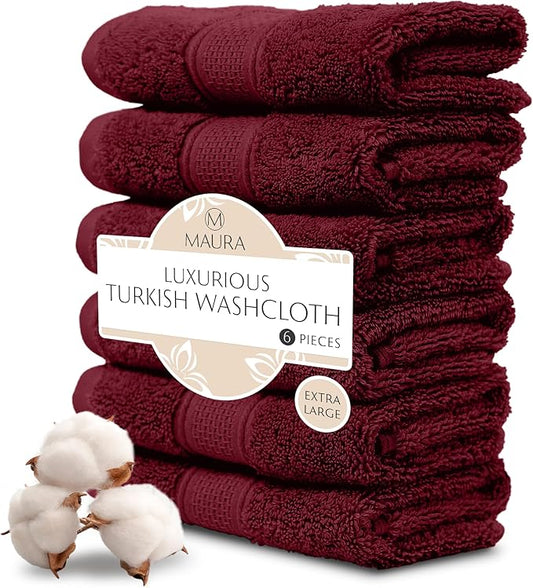 MAURA 6-Pack Premium Turkish Washcloth Set - Ultimate Luxury with Soft, Thick, Super Absorbent, and Oversized Cotton Face Towels - Ideal for a Hotel & Spa Quality Experience in Classic Burgundy