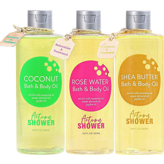 Bath and Body Oil with Sweet Almond Jojoba, Shea Butter, Rose Water, Coconut Bath Oils Mother's Day Gift for Women, Multiuse Oil for Hair Dry Skin 26.4 fl oz (Pack of 3)