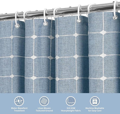 MitoVilla Blue Farmhouse Shower Curtain Set 72 x 78, Boho 78 inch Long Polyester Linen Tassel Fabric Shower Curtain Set for Chic Cottagecore French Rustic Bathroom Decor