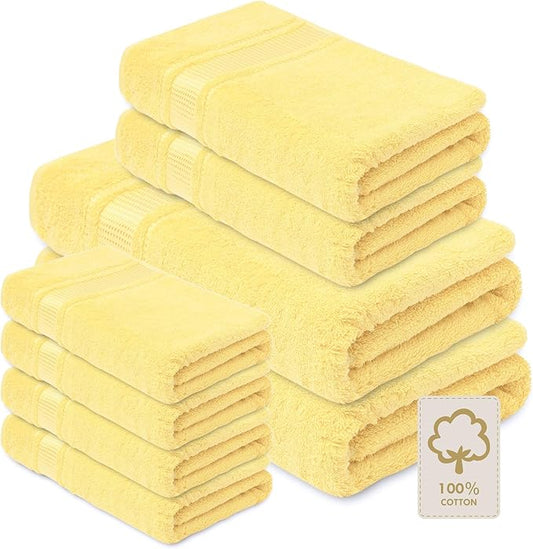 Melissa Linen 8 Piece Bath Towel Set, 2 Bath, 2 Hand, 4 Fingertip Towels - 100% Turkish Cotton, Absorbent, Quick Dry, Durable & Soft - Light Yellow
