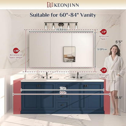 Keonjinn 60 x 32 Inch Medicine Cabinet, Assembly Required, Silver Bathroom Medicine Cabinets Mirror, Lightweight, Adjustable Shelves, Surface Mount or Recessed, Tempered Glass