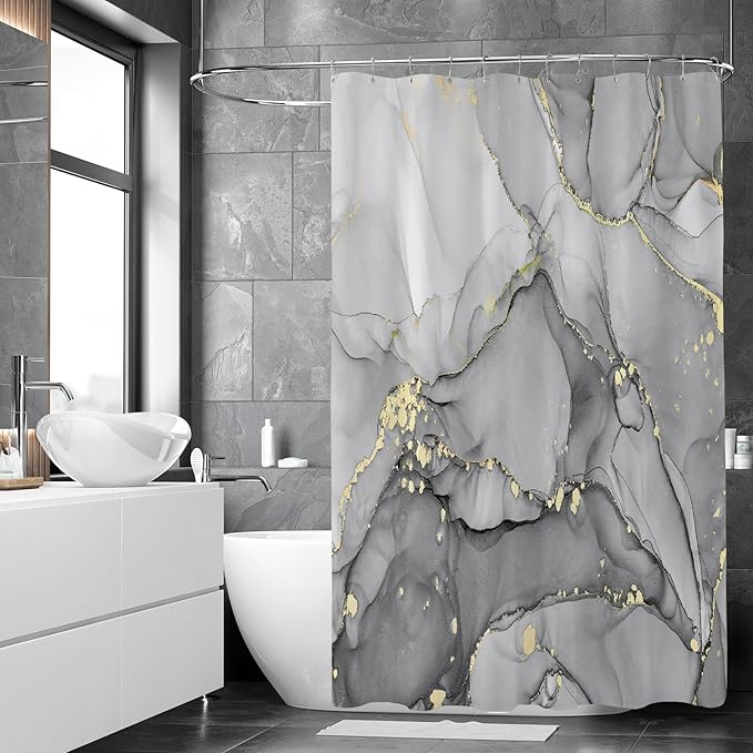 Extra Wide Marble Shower Curtain 108 x 72, Grey Abstract Shower Curtains for Claw Foot Tub, Modern Luxury 108 inch Long Shower Curtain Set with 18 Pack Plastic C-Hooks