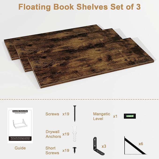 Fun Memories Floating Shelves for Wall, 36 Inches Long Set of 3 Wall Shelves for Bedroom, Floating Bookshelves with Metal Brackets for Living Room, Kitchen, Bedroom and Laundry Room (Rustic Brown)