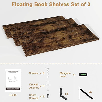 Fun Memories Floating Bookshelves, Set of 3 Wall-Mounted Wood Shelves 24" W x 8" D, Decorative Wall Shelf for Living Room, Bedroom, Bathroom, and Laundry Room (Rustic Brown)