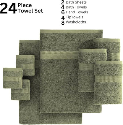 LANE LINEN Cotton Towels for Bathroom - 24 PCs - Highly Absorbent, Durable & Soft - 4 Bath, 4 Fingertip, 6 Hand Towels, 8 Washcloths, 2 Bath Sheets - Family Bundle Pack - Oil Green