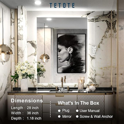 TETOTE 36 x 28 LED Backlit Bathroom Vanity Mirror with Light,3Color White/Warm/Natural,Anti-Fog Lighted Mirror,Dimmable,Wall Mounted