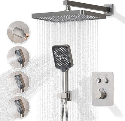 Thermostatic Shower Valve/System 12 inches Nickel Brass Faucet Set With Diverter/Mixer With Handheld Rain Head High Pressure Modern Rainfall