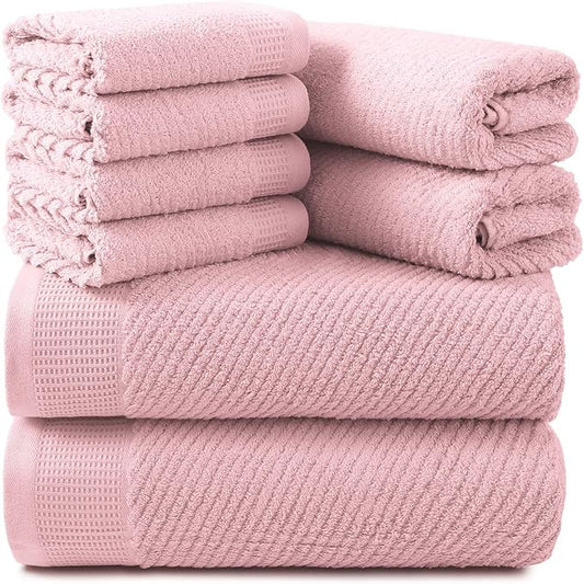 REDKISS Luxury 8-Piece Pink Towel Set, 2 Bath Towels, 2 Hand Towels, 4 Washcloths, 100% Cotton, Quick Dry, Highly Absorbent Towels for Bathroom, Gym, Hotel, Spa