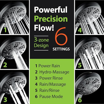 AquaDance High Pressure 6-Setting Matte Black Handheld Shower Head with Stainless Steel Hose. Officially Independently Tested to Meet Strict US Quality & Performance Standards!