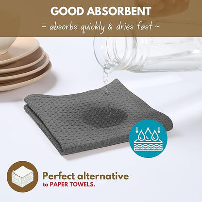 Native Fab Cotton Kitchen Towel with Hanging Loop 16x26 inches, 12-Pack, Waffle Weave Kitchen Towels for Cleaning Drying, Washcloths Soft & Absorbent Cloth Rags, Bar Towel, Dish Cloth, Grey