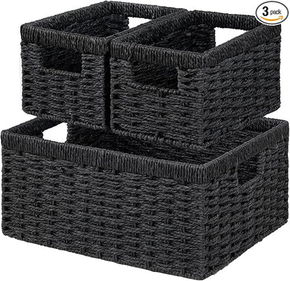 Vagusicc Wicker Storage Basket, Set of 3 Wicker Basket, Hand-Woven Paper Rope Storage Baskets for Organizing, Large Cube Storage Organizer Bins Baskets for Shelves Small Toilet Paper Baskets, Black