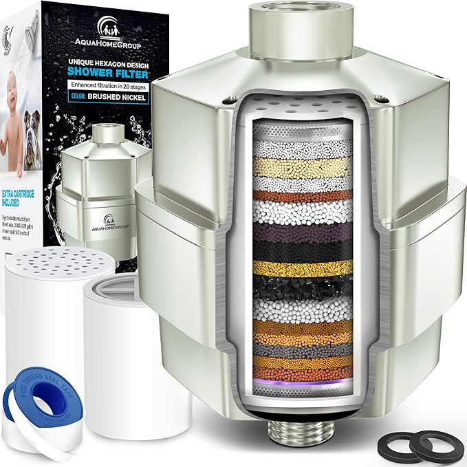 AquaHomeGroup 20 Stage Shower Head Filter for Hard Water - High Output Shower Filters to Remove Toxic Chemicals, Chlorine, Fluoride - Vitamin C Shower Filters for Hair & Skin (Brushed Nickel)