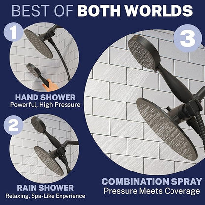 HammerHead Showers Dual Shower Head Combo, 8-Inch Rainfall & 3-Flow Handheld, Matte Black, 2.5 GPM