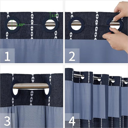 No Hook Boho Farmhouse Shower Curtain with Snap-in Liner Set,Linen Rustic Heavy Duty Striped Fabric Shower Curtain with Tassel,Hotel Style Cloth Shower Curtains for Bathroom,Navy Blue,71x74