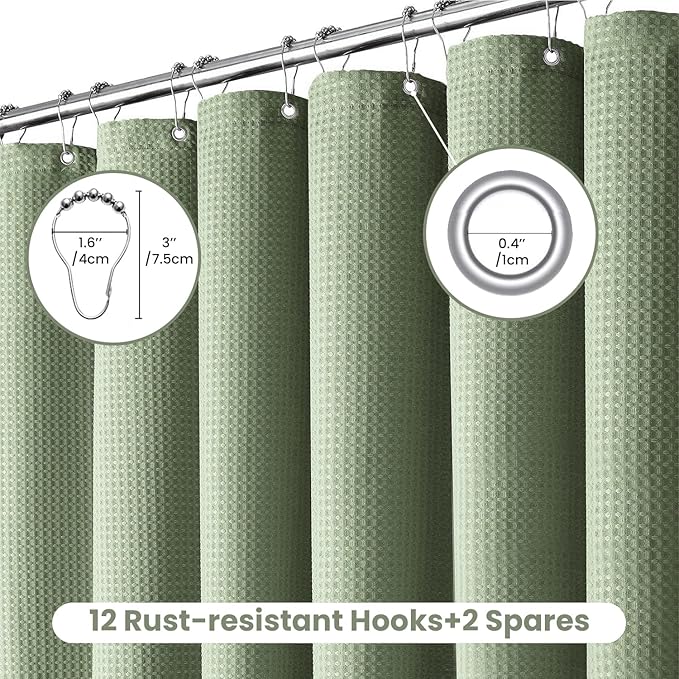 Inhousolu Fabric Shower Curtain Waffle Weave, Sage Green 230 GSM Heavy Duty, Weighted Hem, 14 Metal Hooks, Water Repellent, Machine Washable, Hotel Spa Luxury Bath Curtain Set, 72 x 78 Inch